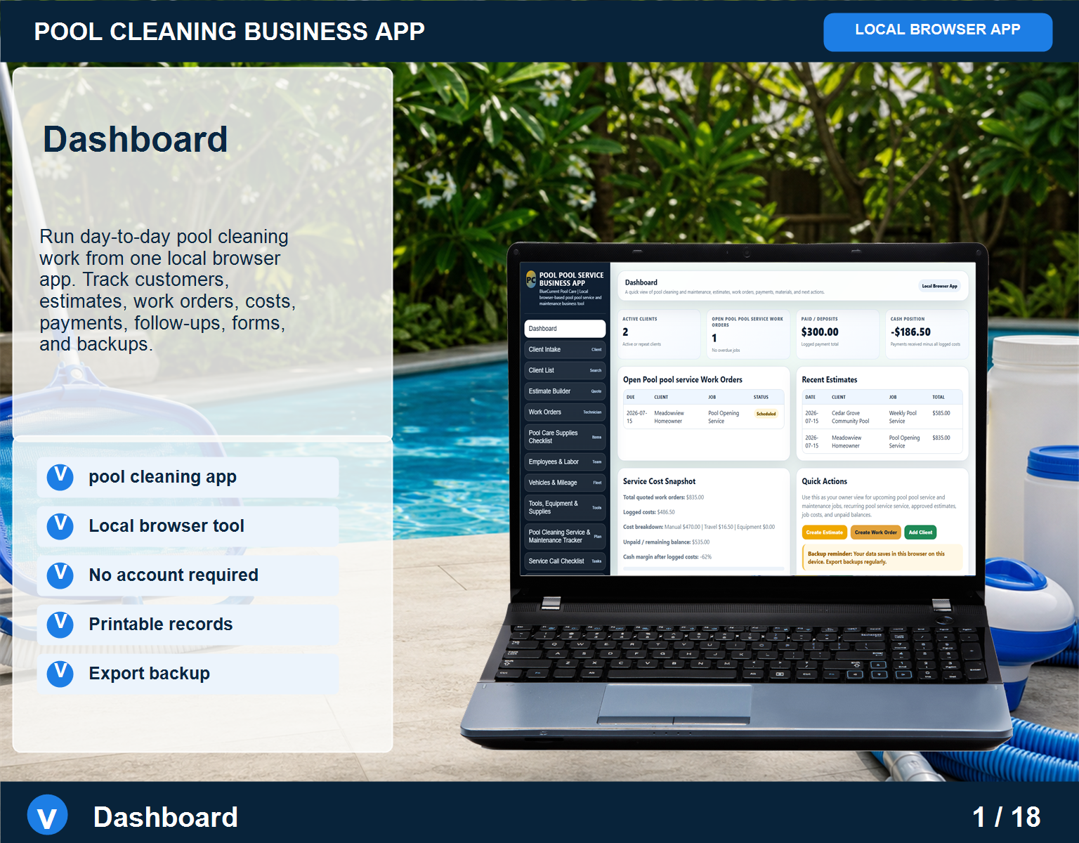 Pool Cleaning business app Pool Cleaning screen for service workflow management